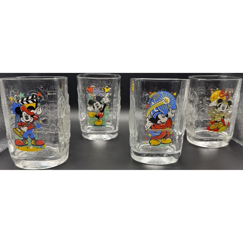 Vintage Walt Disney World 2000 Mickey Mouse Glass Set of 4 Collector Tumblers